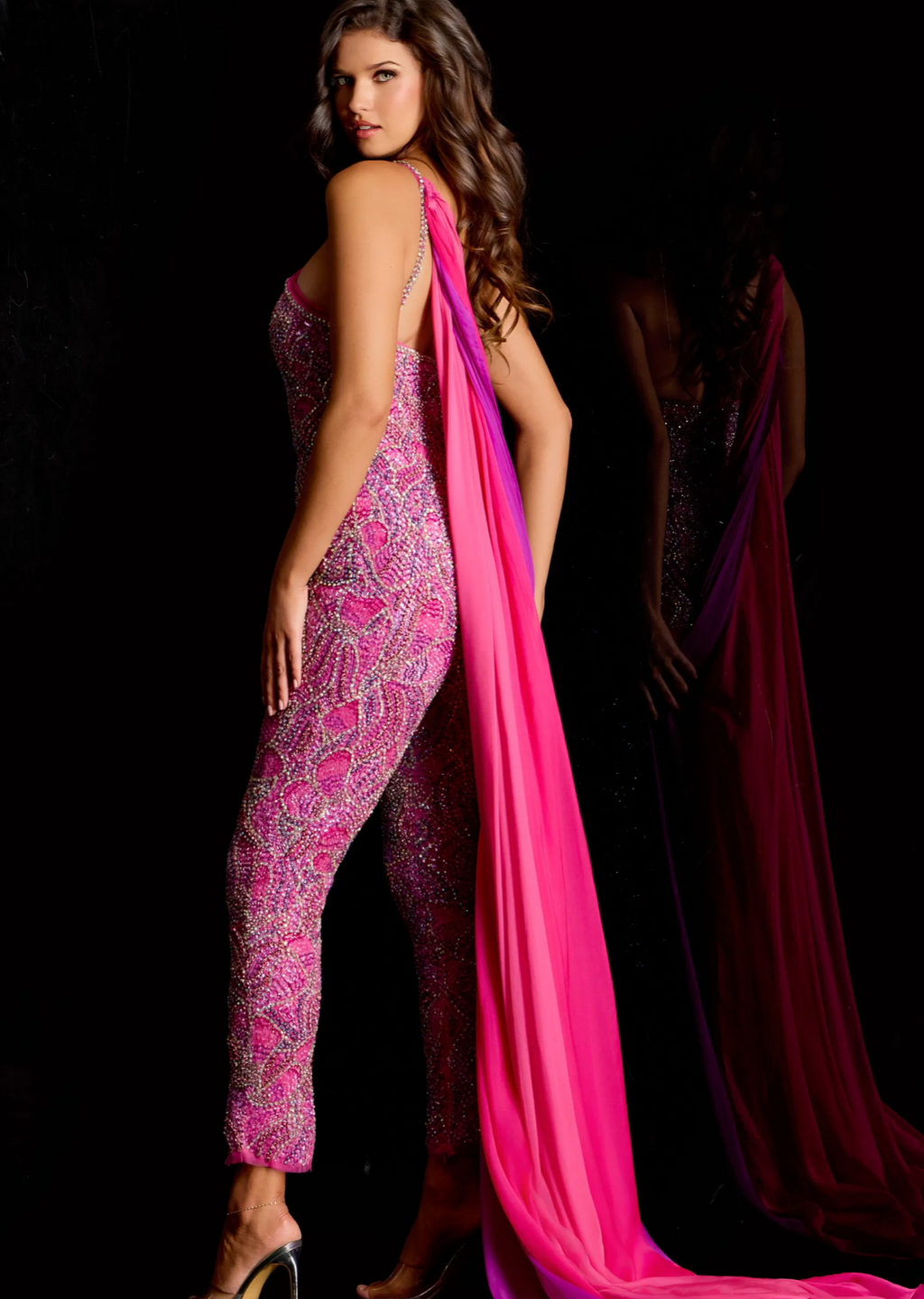 Beaded Jumpsuit With Draped Ombre Cape 42556 pre order up to 3 months