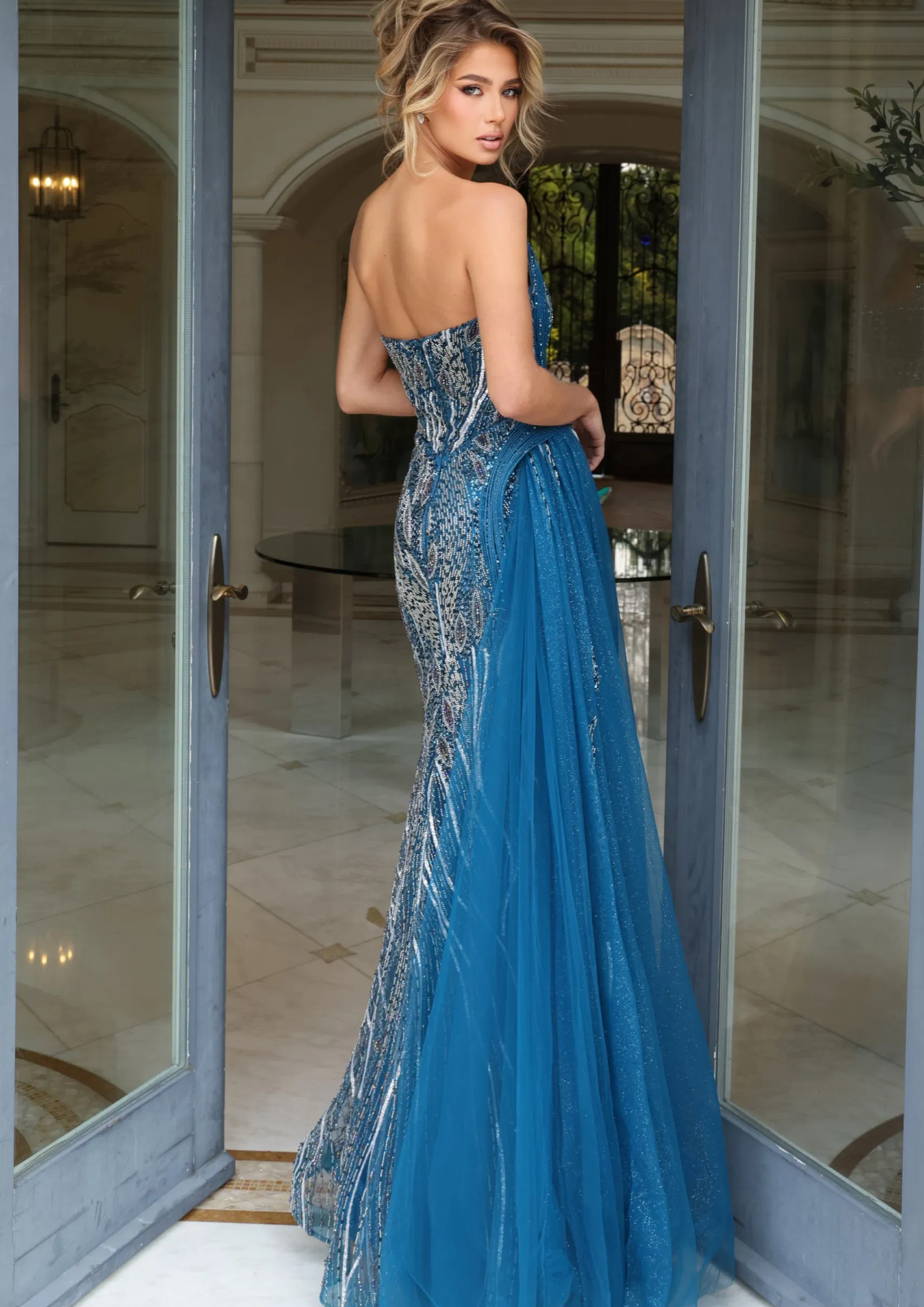 Beaded Gown With Sheer Corset and Side Drape 46868