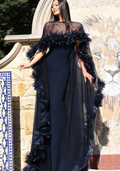 Navy Sheer Cape Gown With 3D Floral Trim 44321